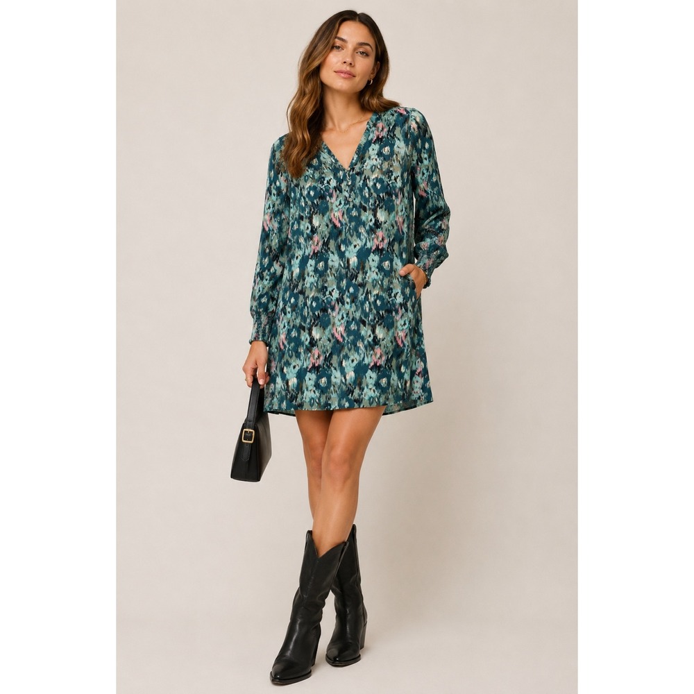 Garcia Teal Abstract Print V-Neck Shift Dress Large